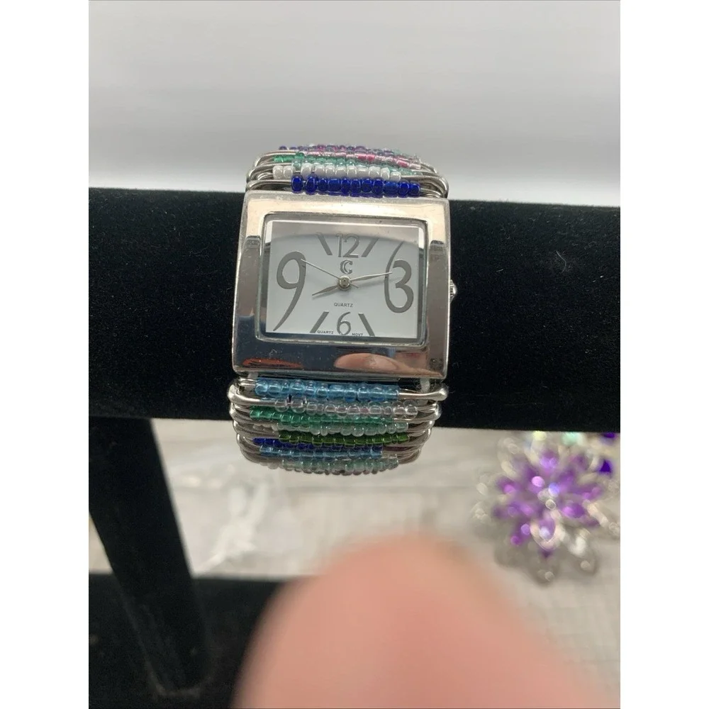 Wristwatch Silver Tone Rectangular White Face Colorful Beaded Paper Clip‎ Band
